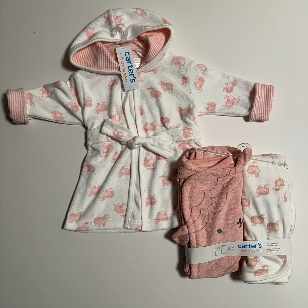 0-9M Carter's "Just One You" Baby Girls Bundle | Bath Robe with 2-pack Towel Set